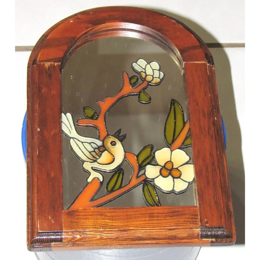 Stained Glass Wooden Framed Bird & Flower Design Wall Art